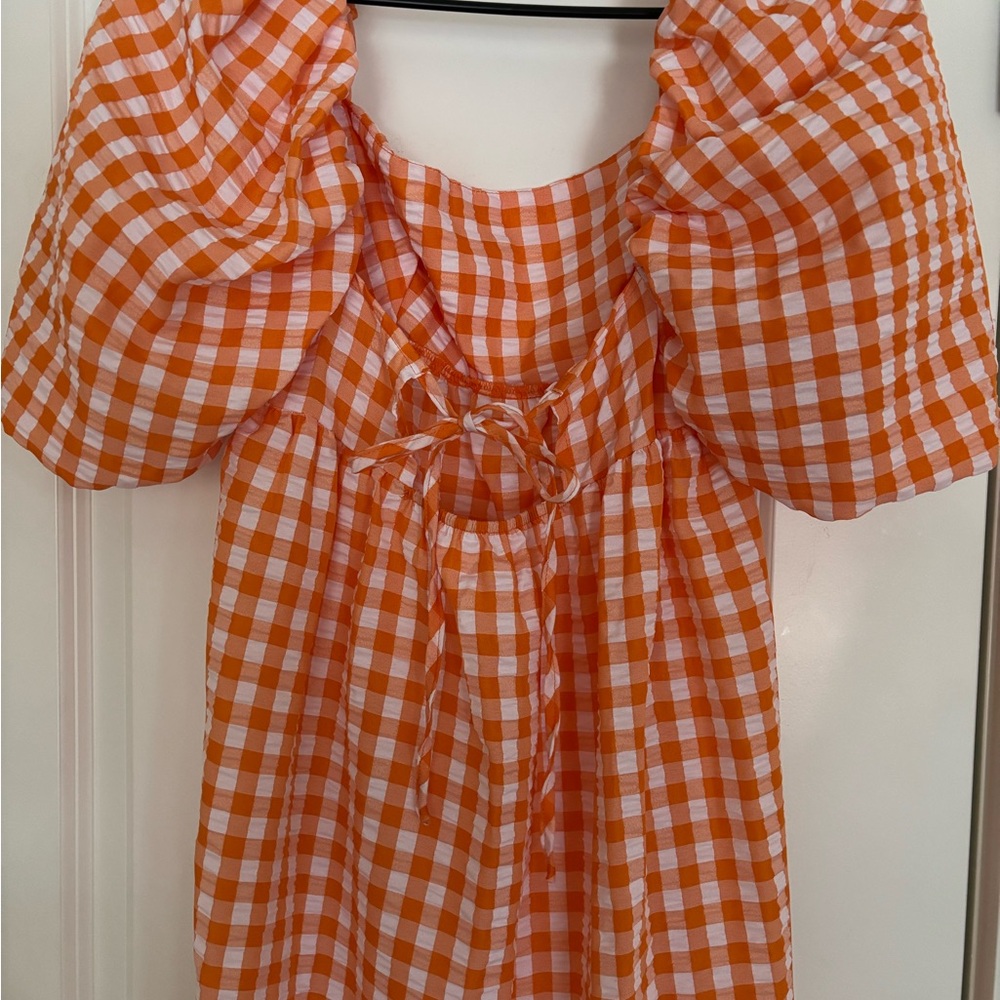 Orange Gingham Puff Sleeve Dress - Picture 5 of 6